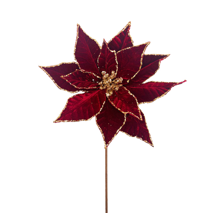 Velvet Glittered Poinsettia Stem Burgundy
