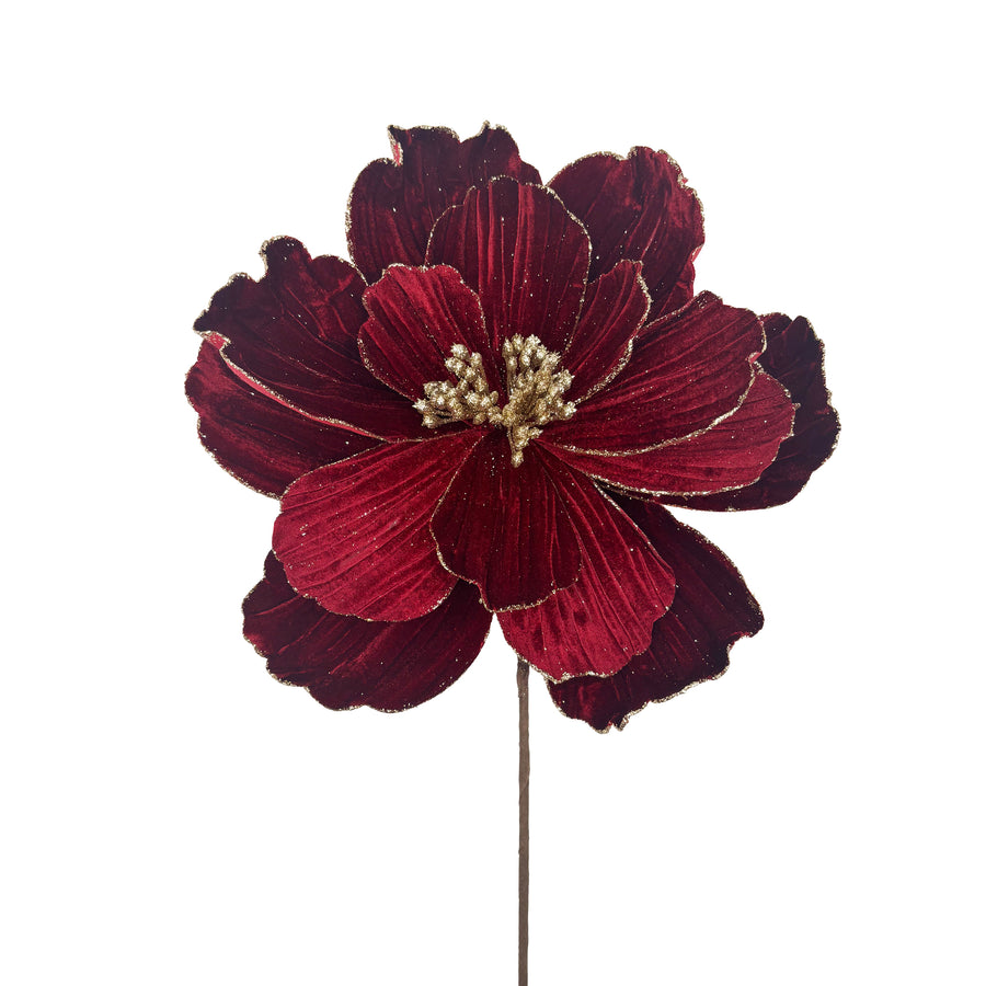 Dark Burgundy Velvet Glittered Magnolia Stem