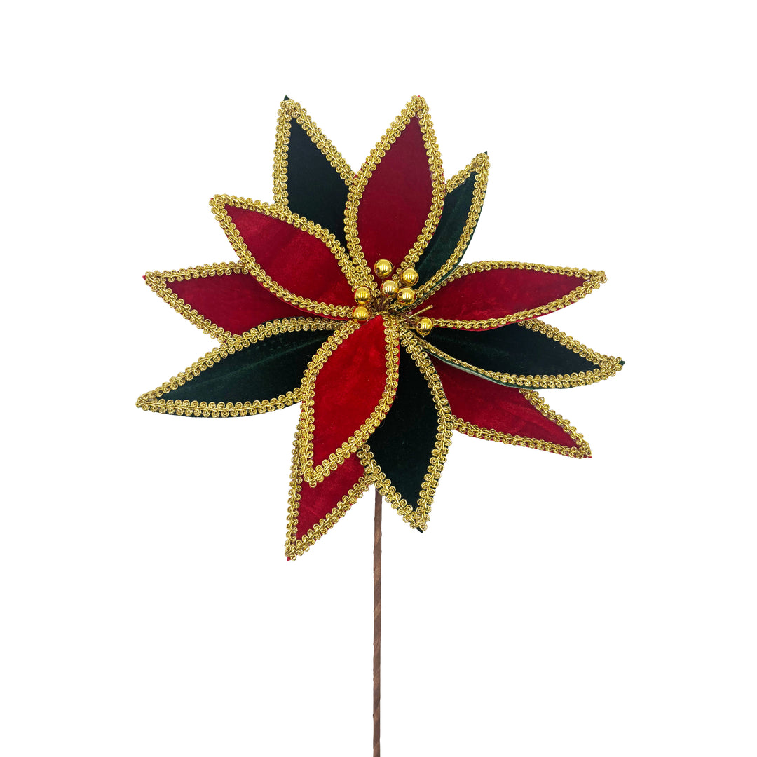 Red Green and Gold Velvet Poinsettia Stem