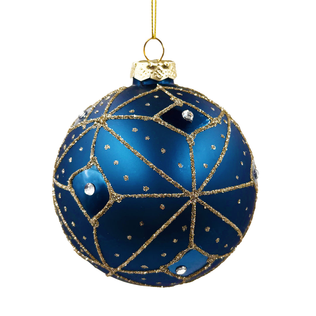 Glittered Blue Glass Ornament with Gemstones