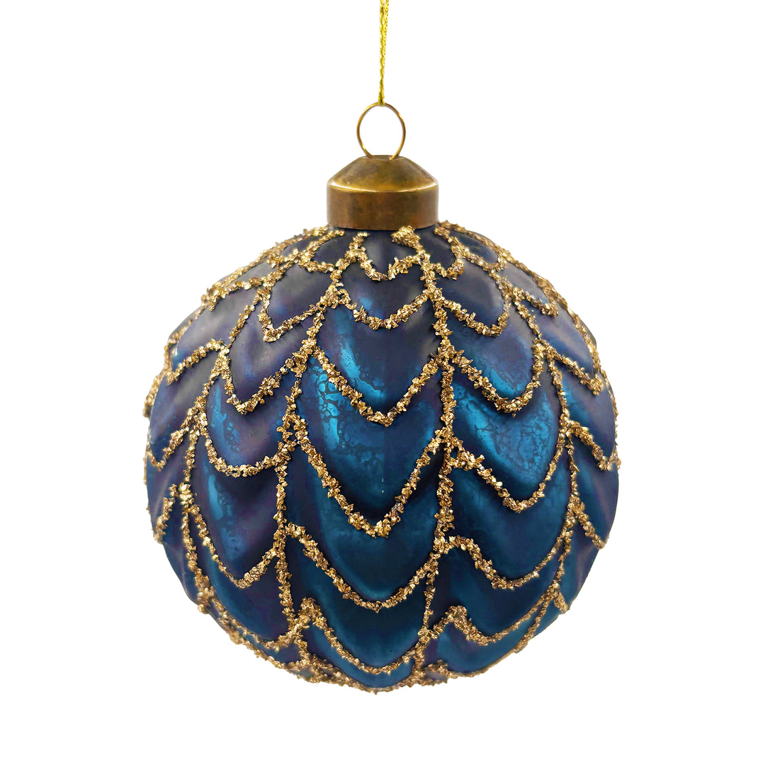 Dark Blue Glass Ball Ornament with Gold Leaf Design