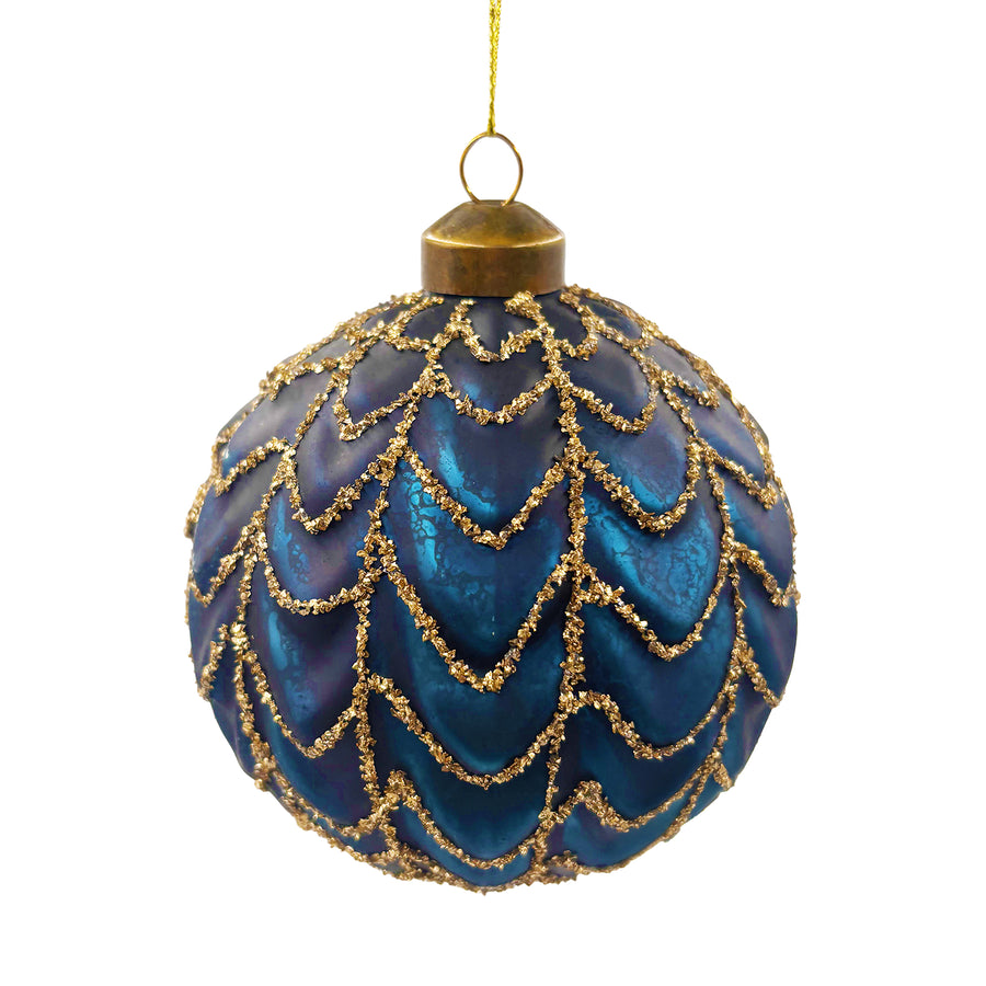 Dark Blue Glass Ball Ornament with Gold Leaf Design