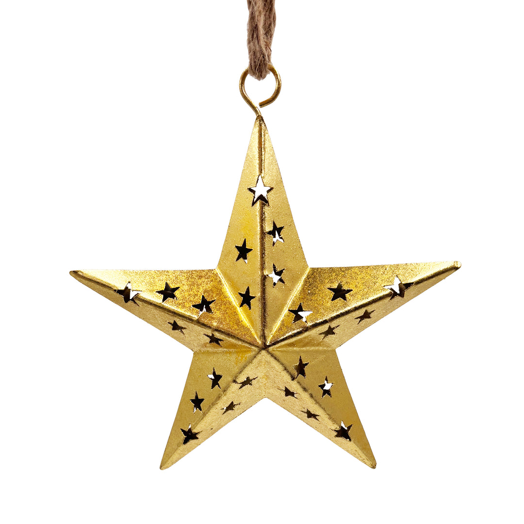 Gold Metal Star Ornament with Star Cut Outs