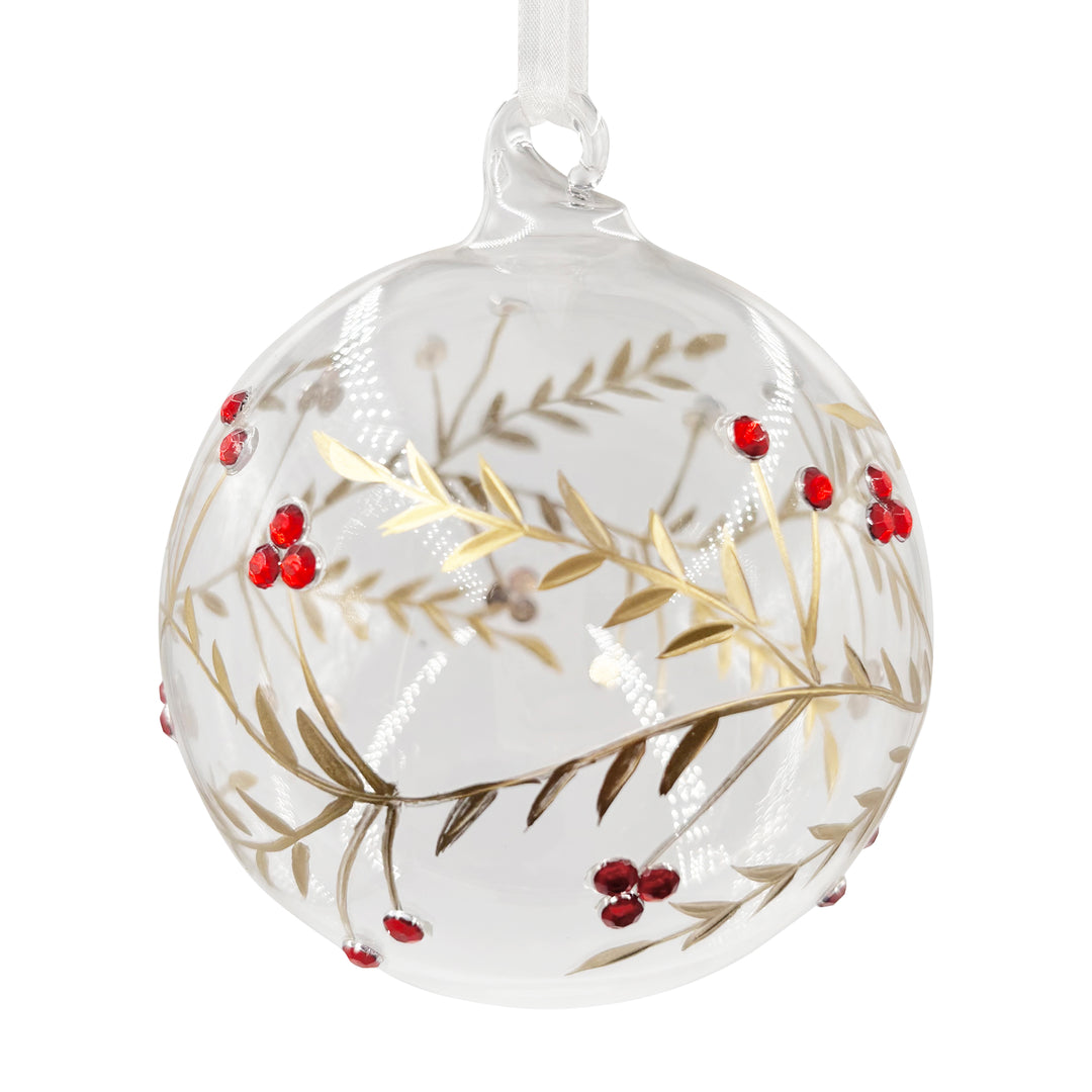 Clear Ball Ornament with Red & Gold Holly Design