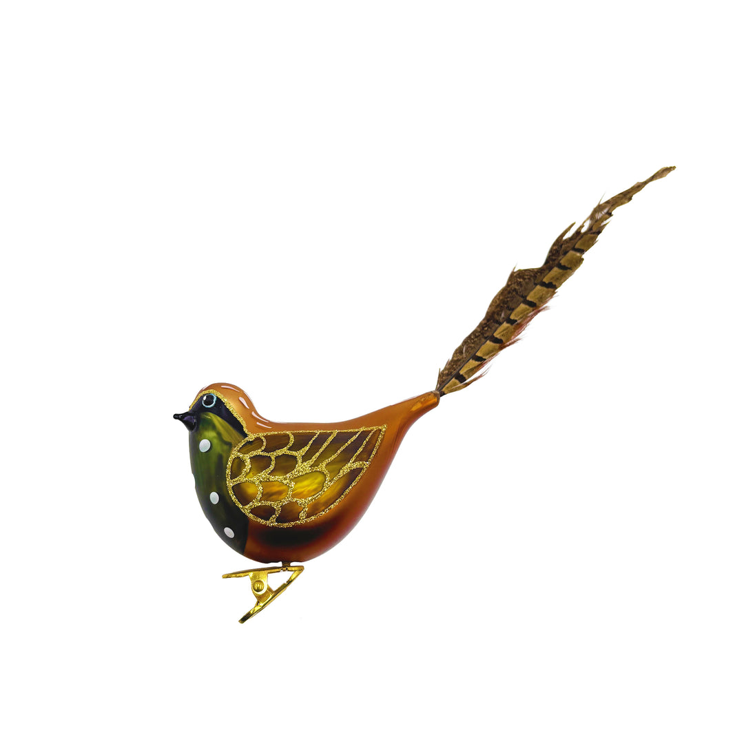 Green & Gold Bird Clip Ornament with Feathers