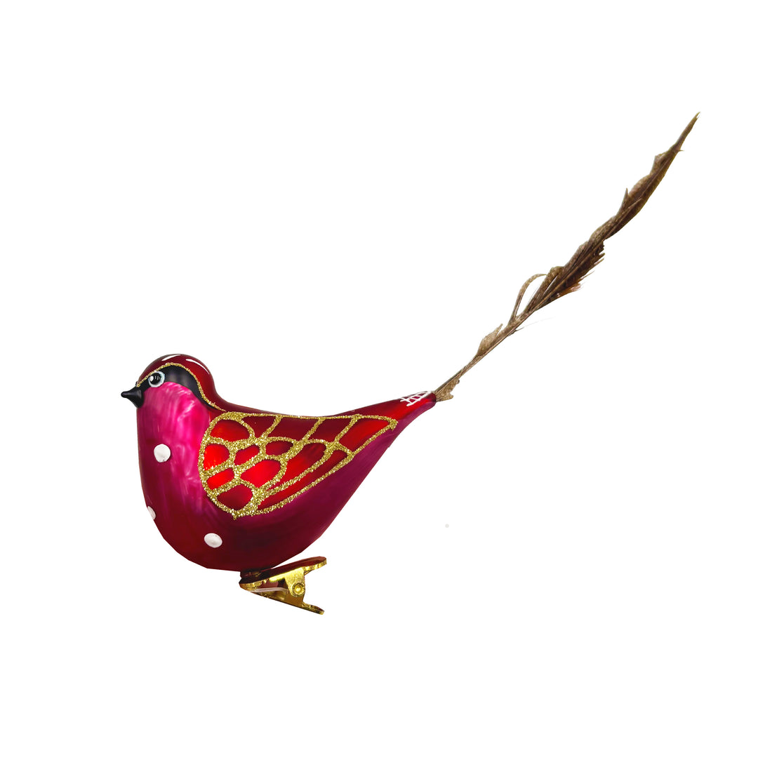 Dark Red Bird Clip Ornament with Feathers