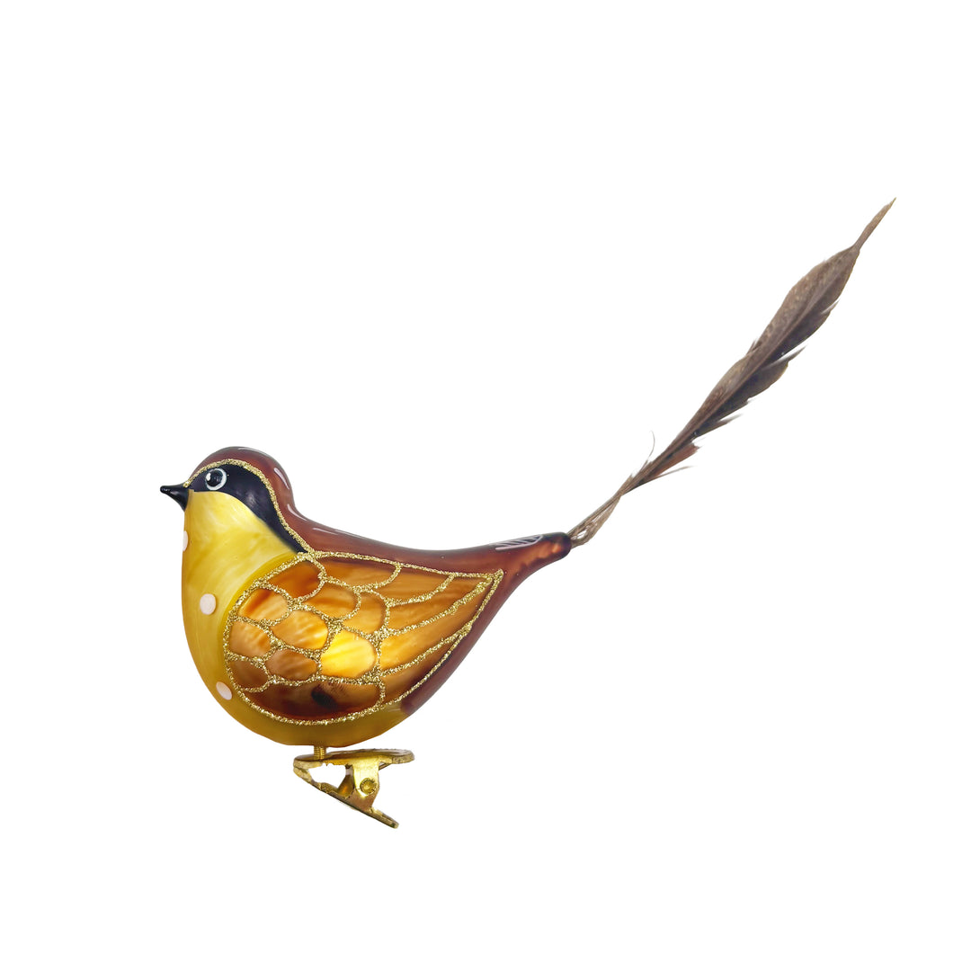 Gold Bird Clip Ornament with Feathers
