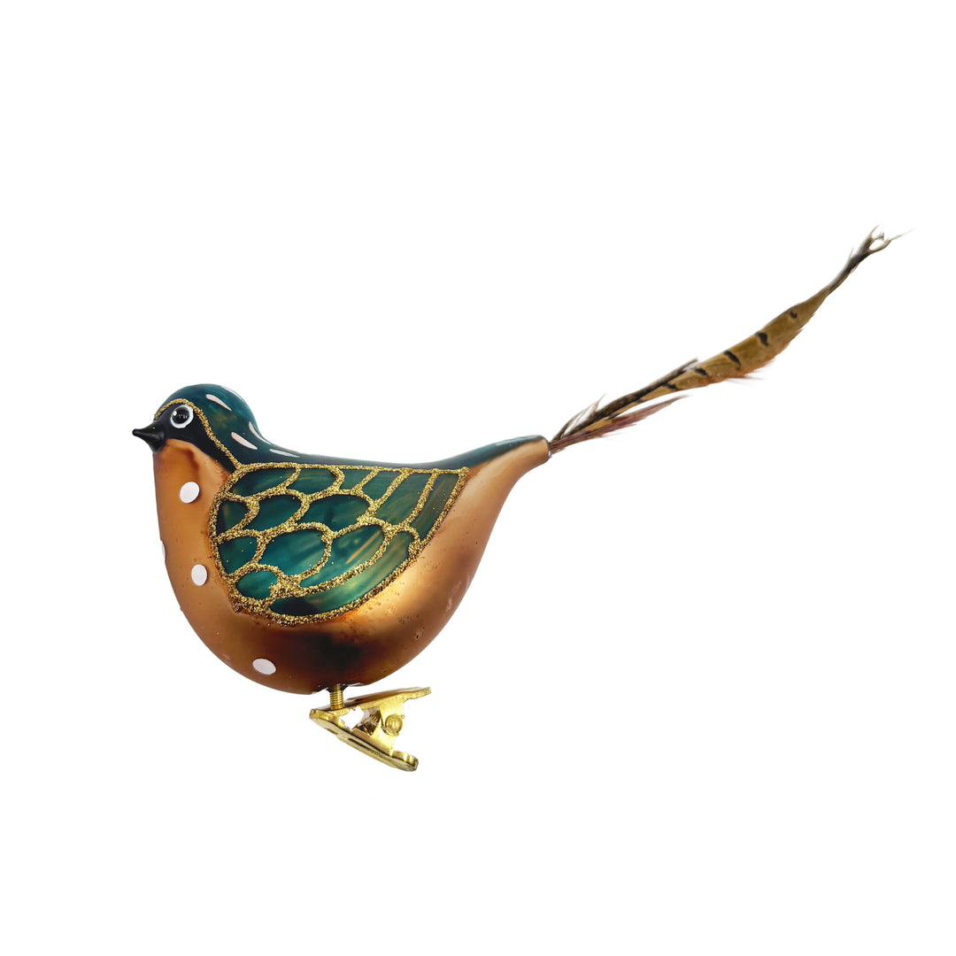 Blue and Gold Bird Clip Ornament with Feathers