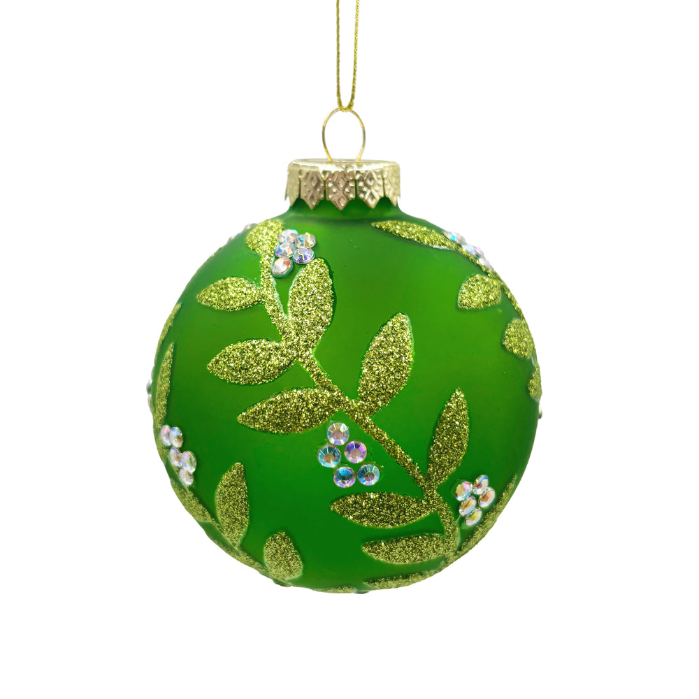 Glass Ball Ornament with Leaf Design & Gems Green