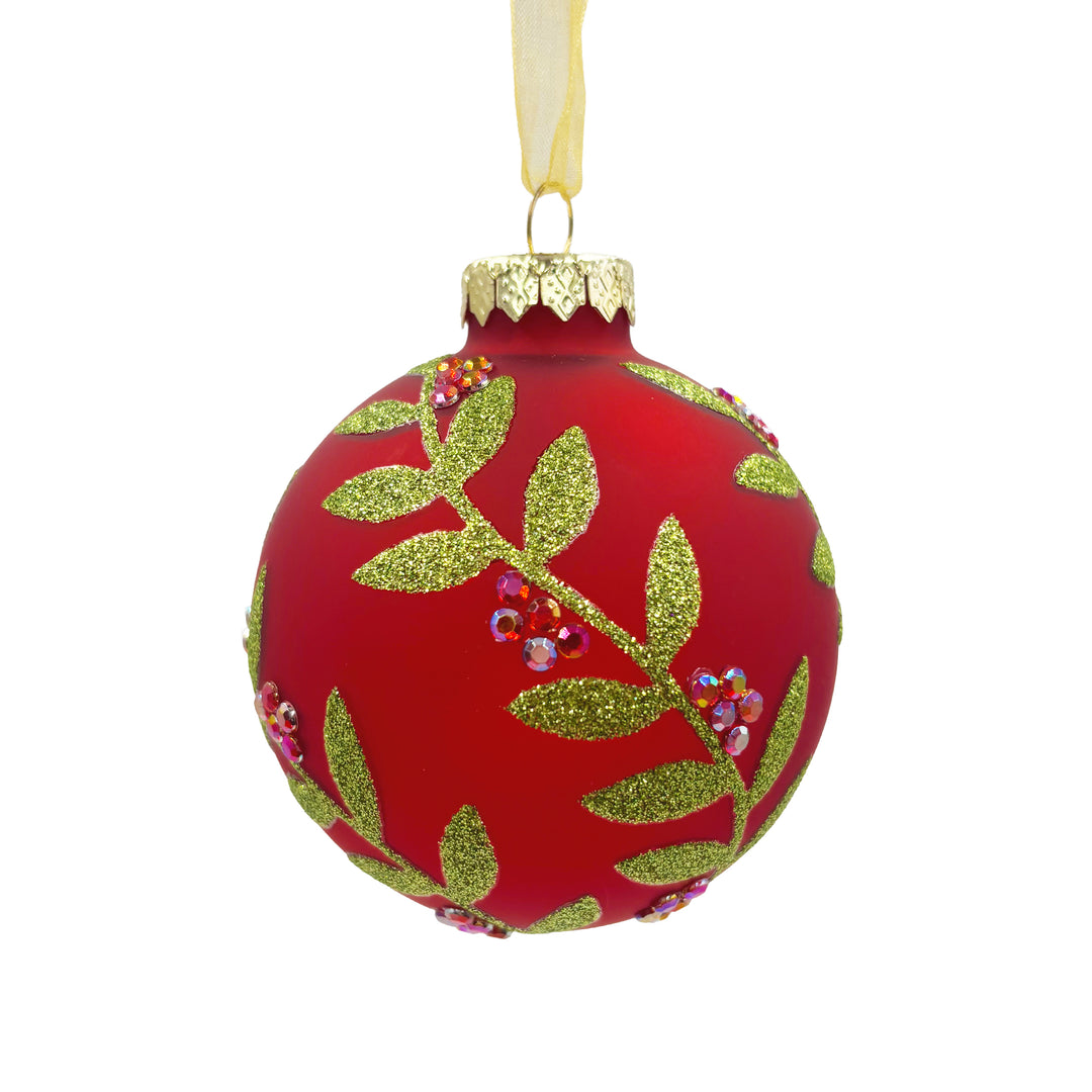 Glass Ball Ornament with Leaf Design & Gems Red