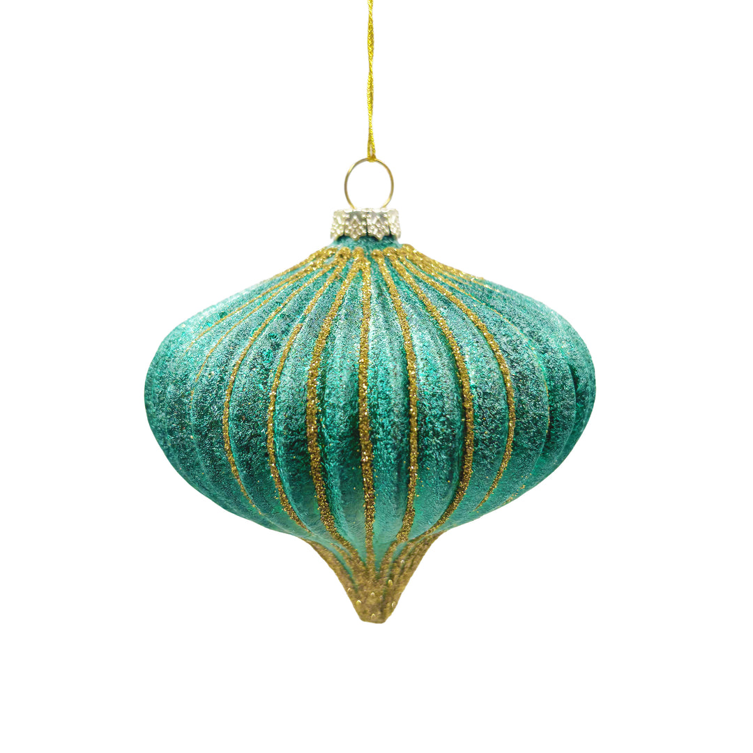 Glass Onion Ornament with Gold Stripes Green