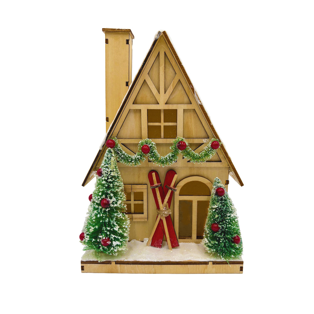 Lit Snowy Cabin with Sisal Trees