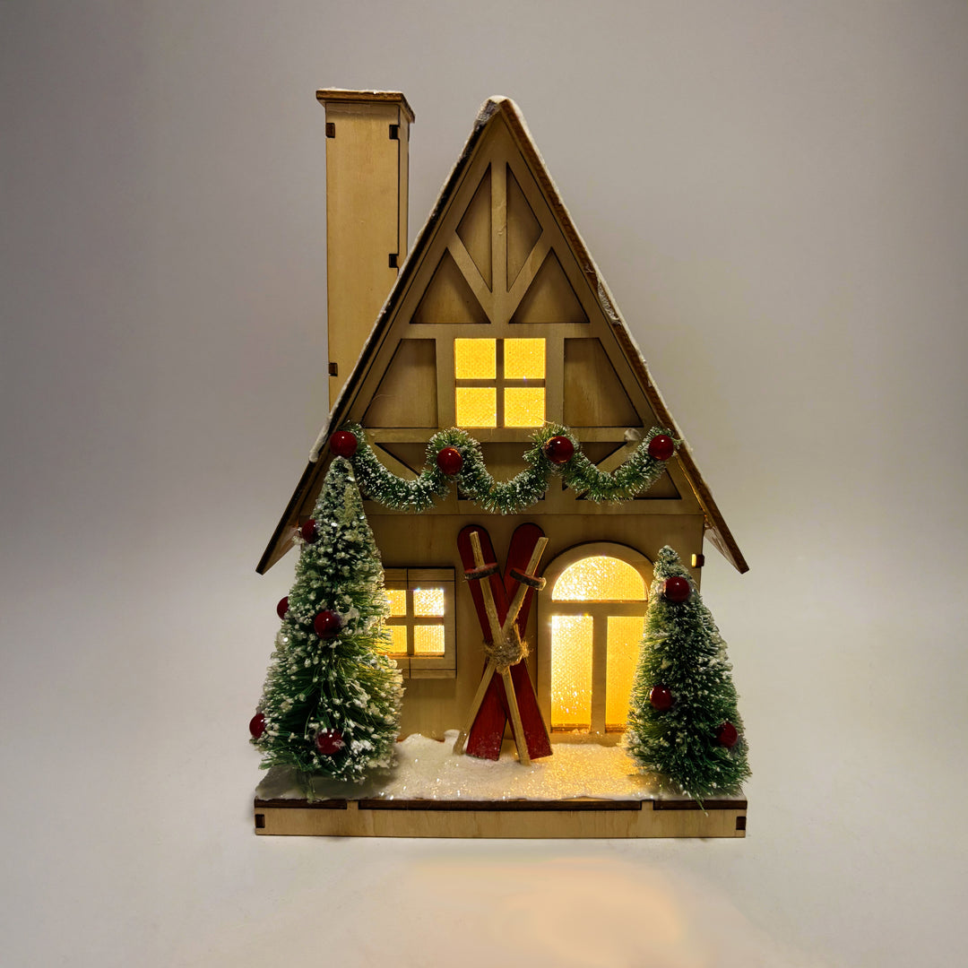 Lit Snowy Cabin with Sisal Trees