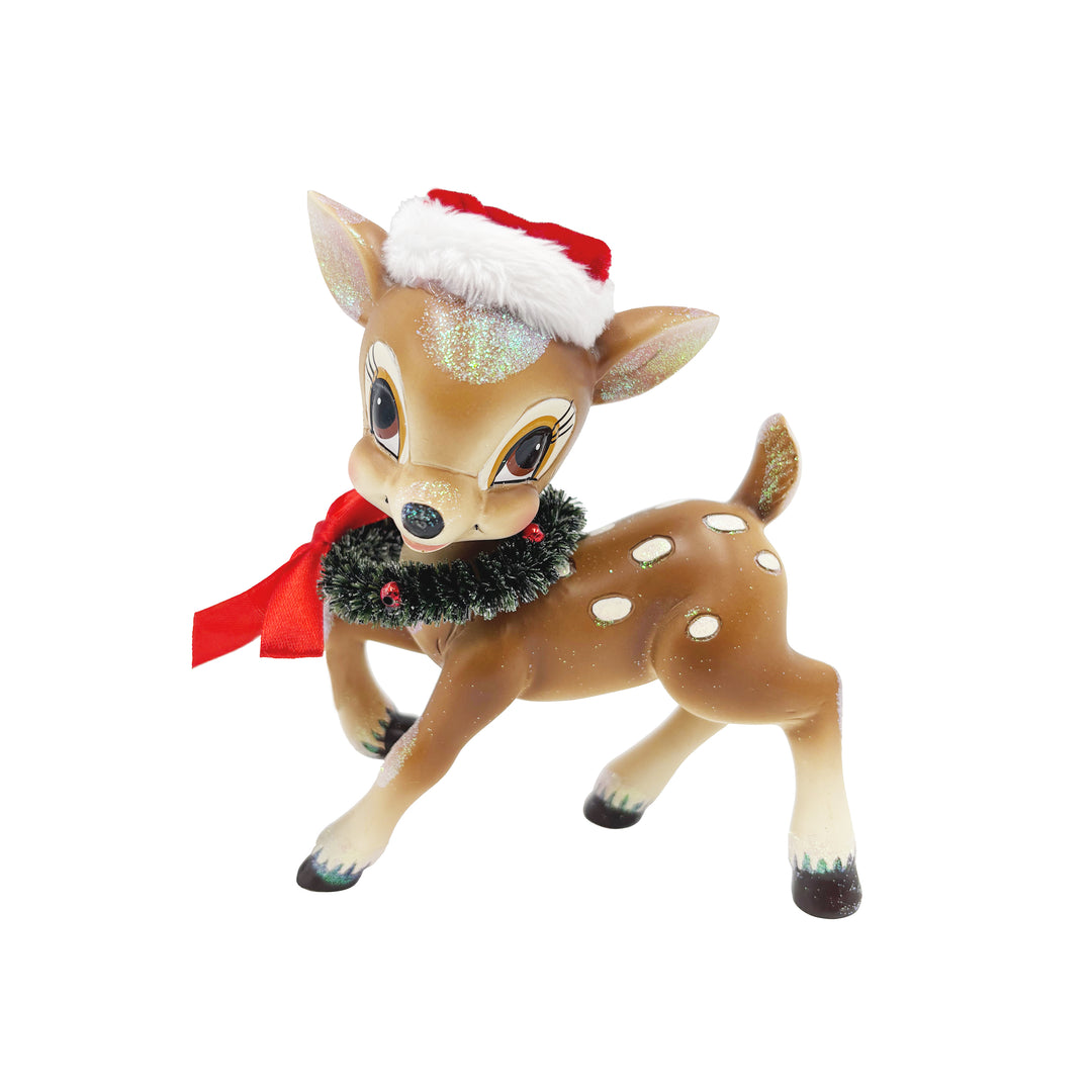 Vintage Reindeer with Santa Hat & Ribbon