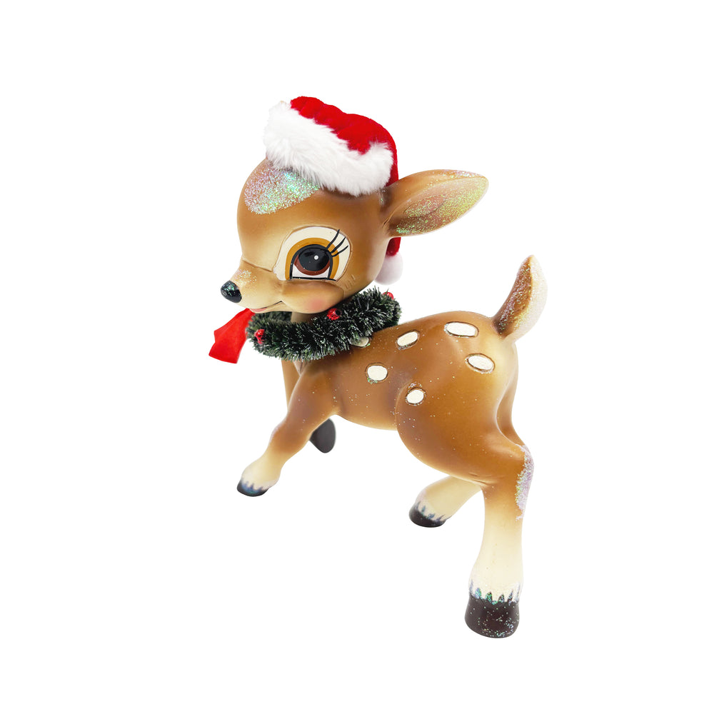 Vintage Reindeer with Santa Hat & Ribbon