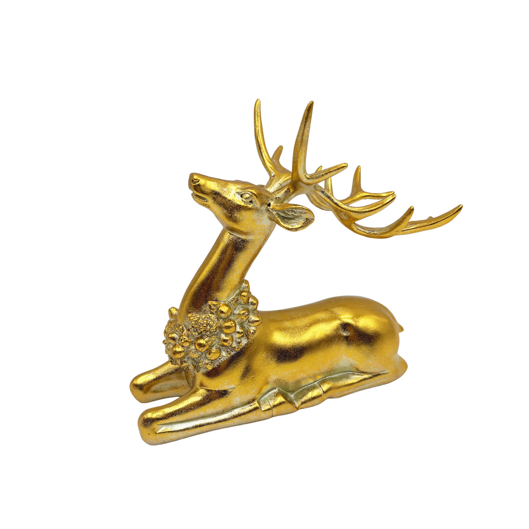 Gold Gilded Reindeer with Wreath Lying