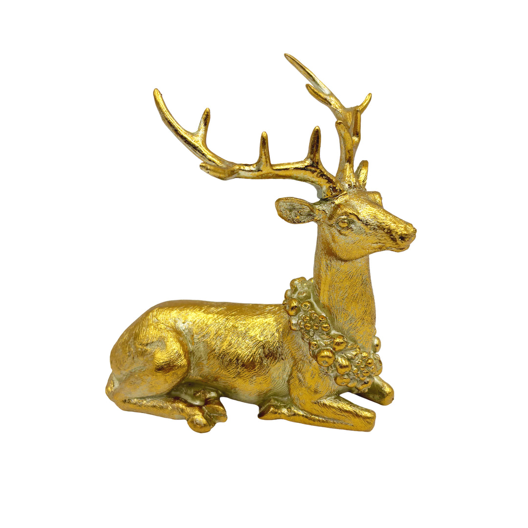 Gold Resin Reindeer with Wreath Lying