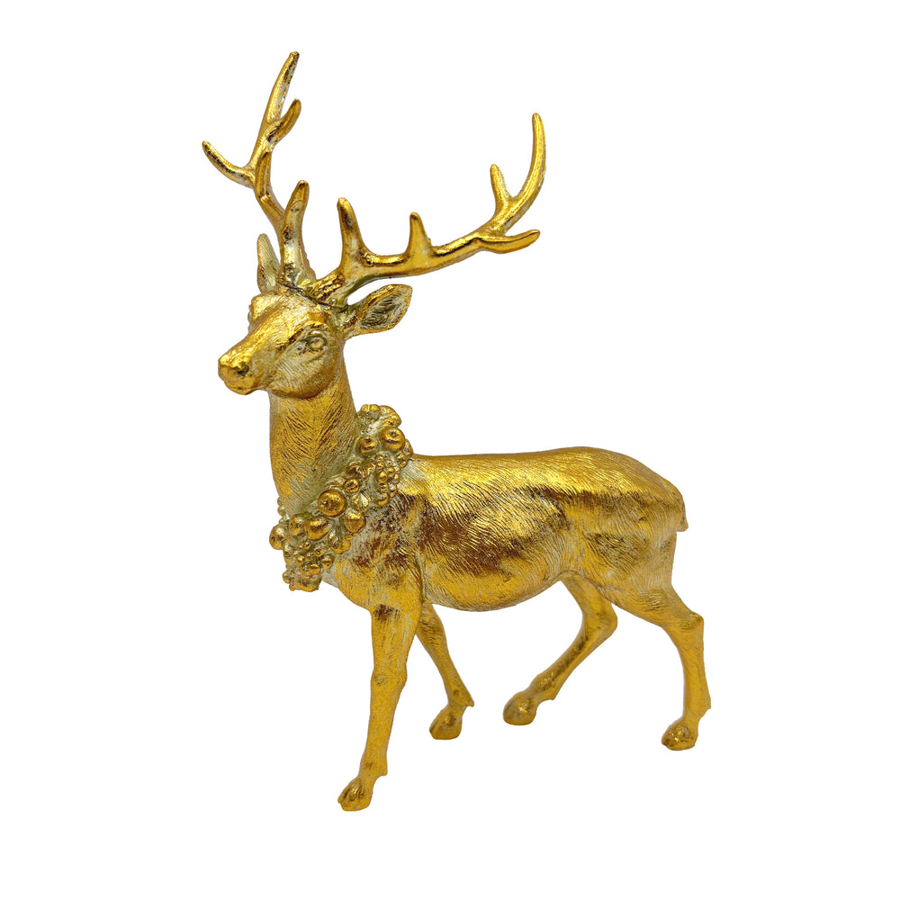 Gold Resin Reindeer with Wreath Standing