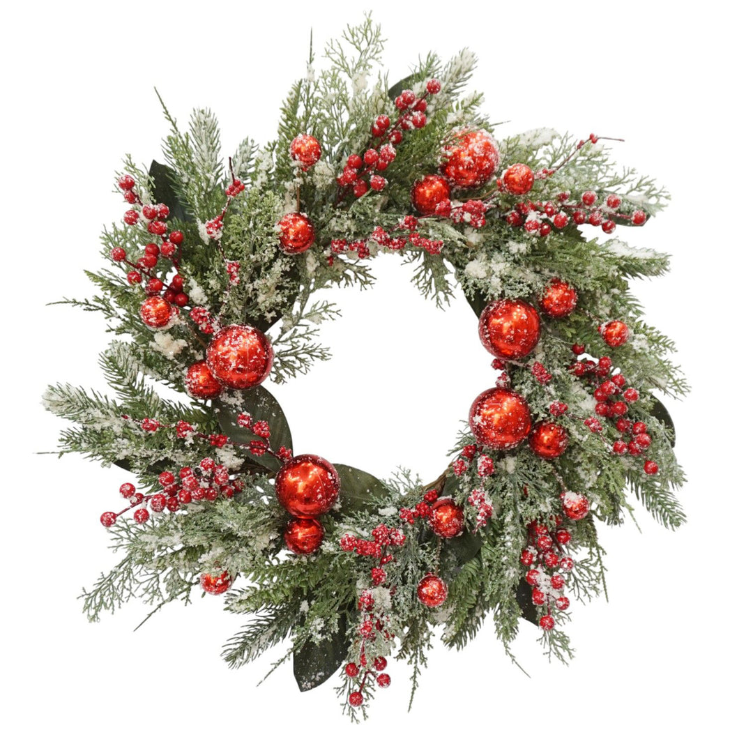 Red Berry Cedar & Holiday Ornament Wreath