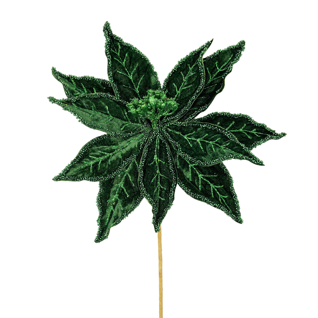 Polyester Glittered Poinsettia Stem Green