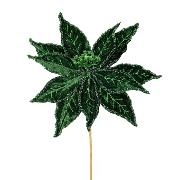 Polyester Glittered Poinsettia Stem Green