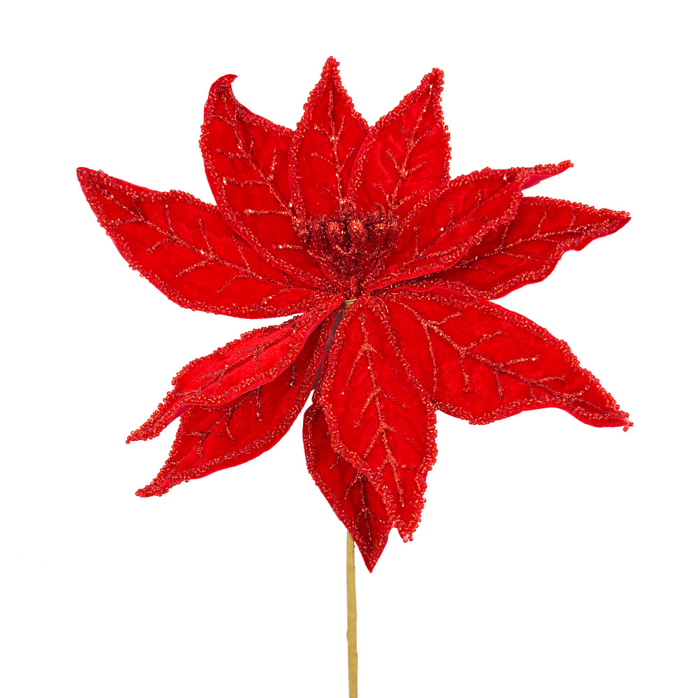 Polyester Glittered Poinsettia Stem Red