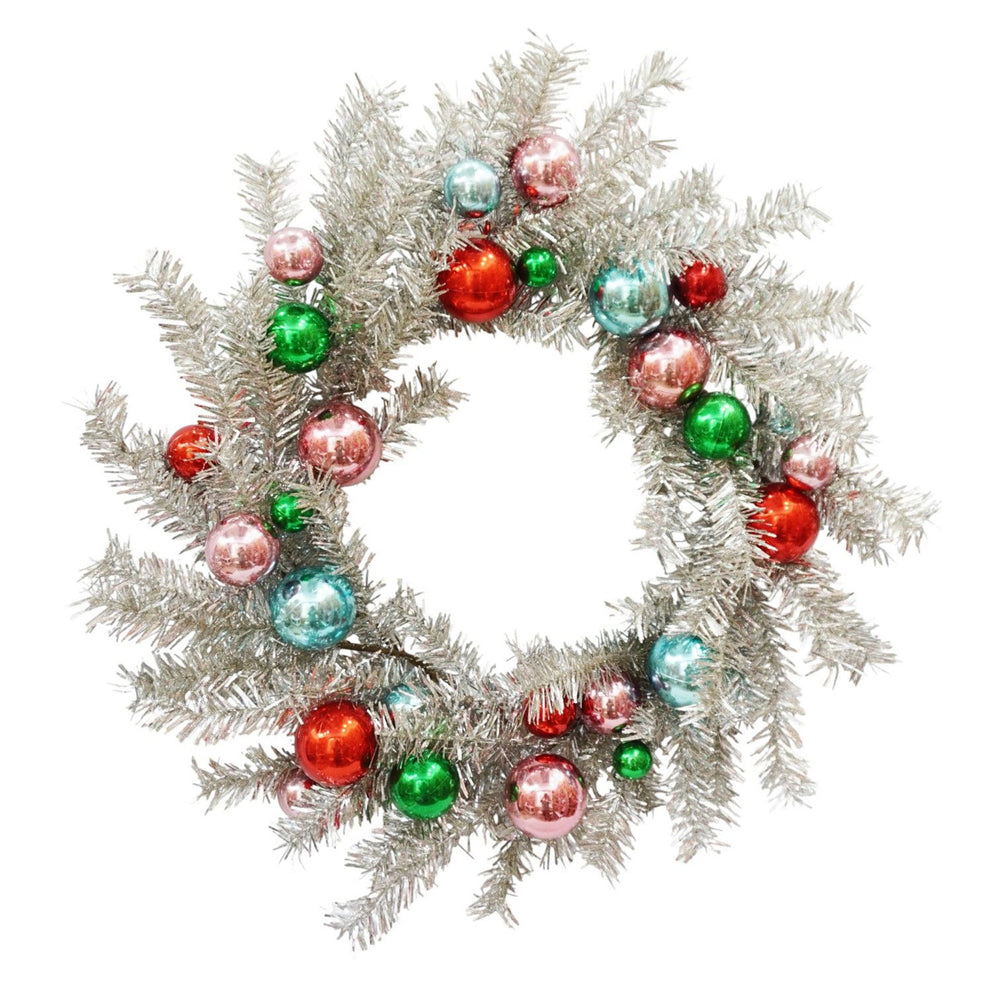 Silver Tinsel & Pastel Ornament Greenery Collection