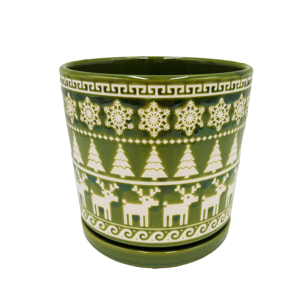 Green and White Holiday Pot with Attached Saucer and Seasonal Design