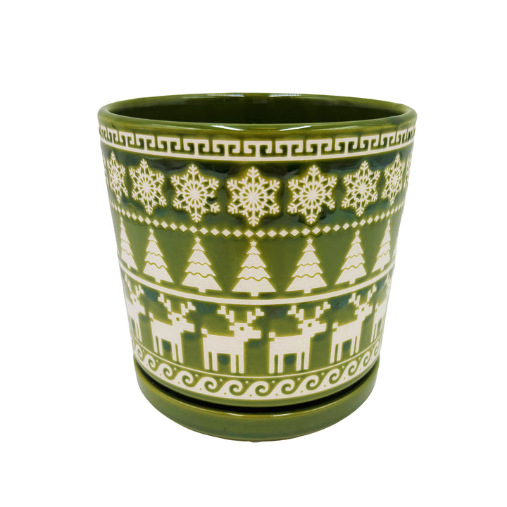 Green and White Holiday Pot with Attached Saucer and Seasonal Design