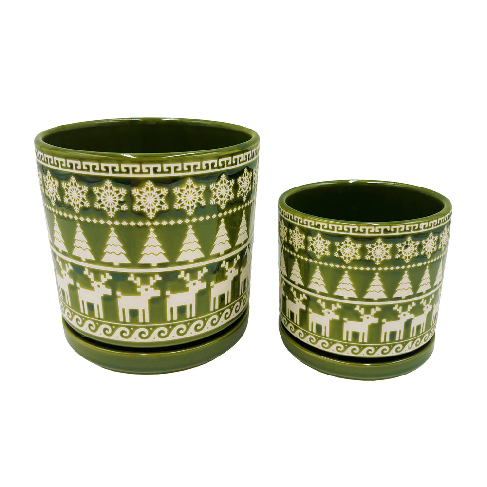 Green and White Holiday Pot with Attached Saucer and Seasonal Design