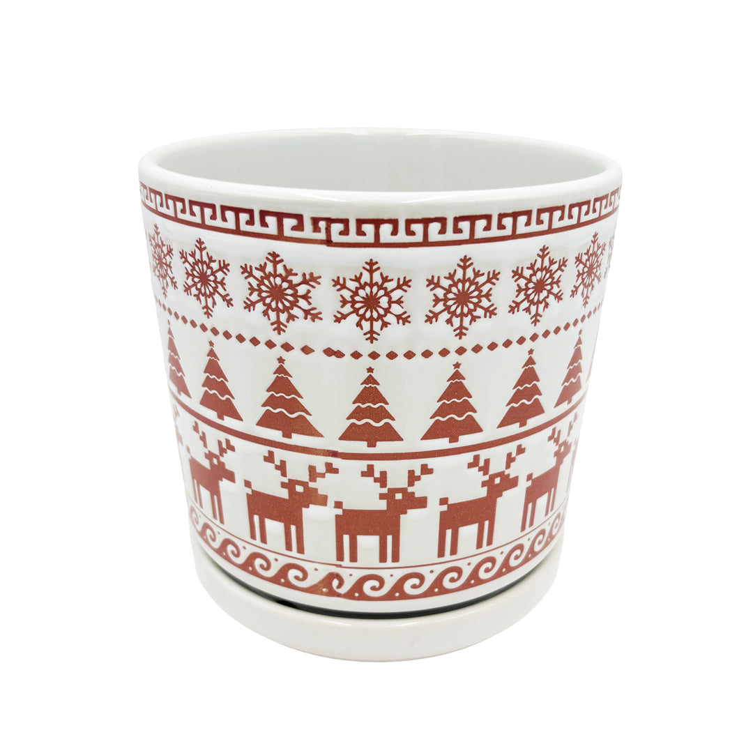 White and Red Holiday Pot with Attached Saucer and Seasonal Design