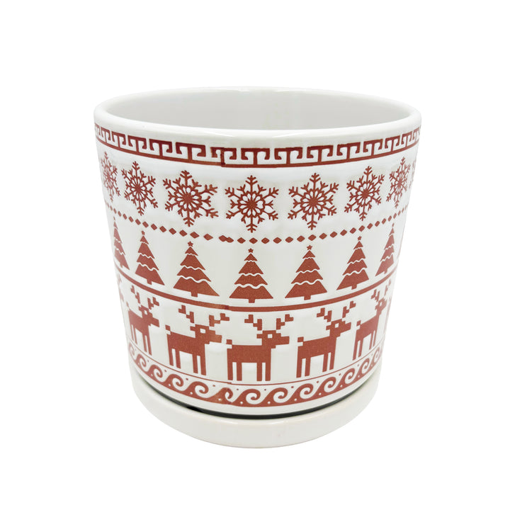White and Red Holiday Pot with Attached Saucer and Seasonal Design