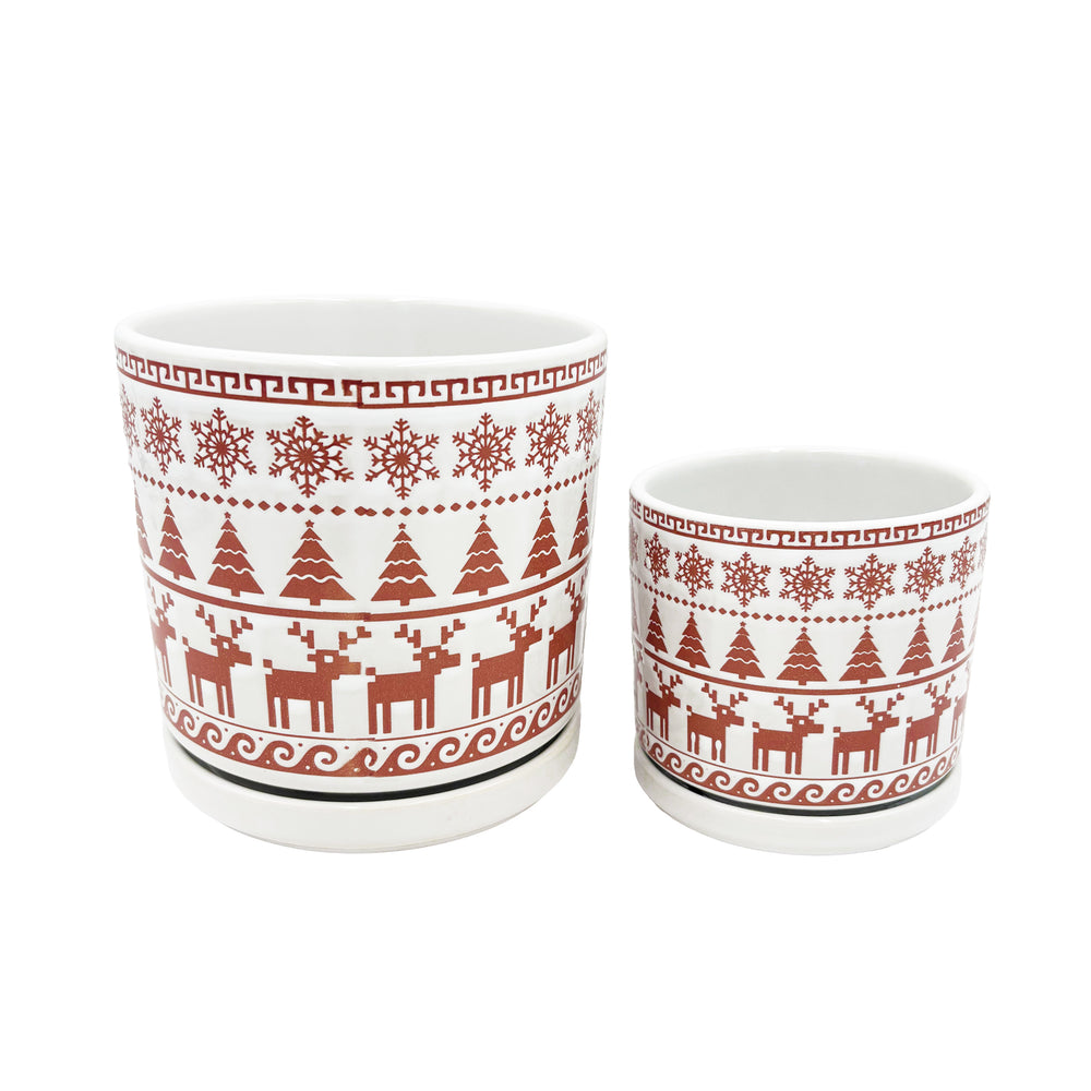 White and Red Holiday Pot with Attached Saucer and Seasonal Design