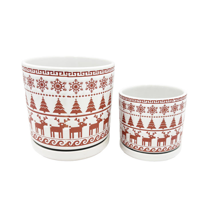 White and Red Holiday Pot with Attached Saucer and Seasonal Design