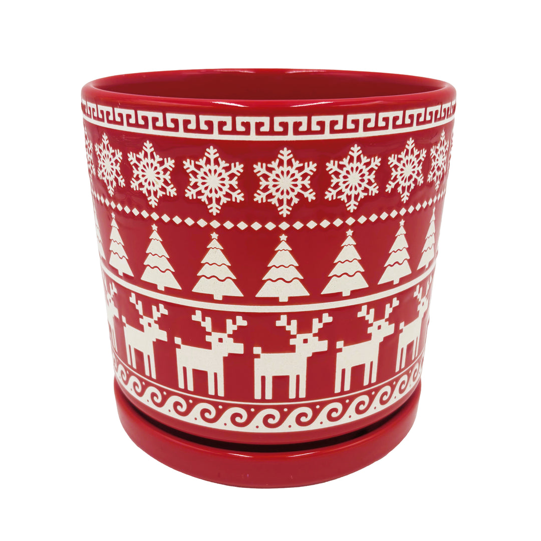 Red and White Holiday Pot with Attached Saucer and Seasonal Design