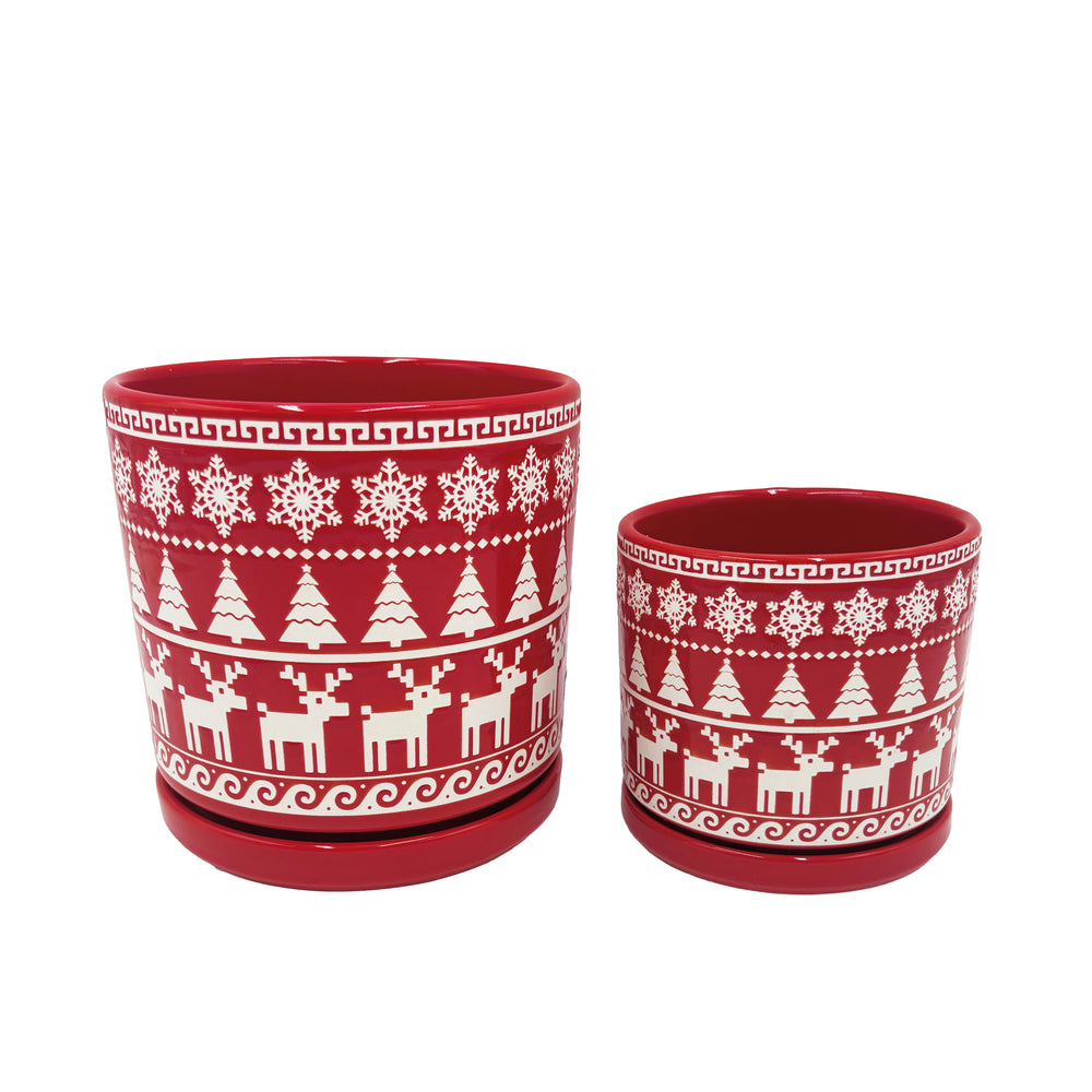 Red and White Holiday Pot with Attached Saucer and Seasonal Design