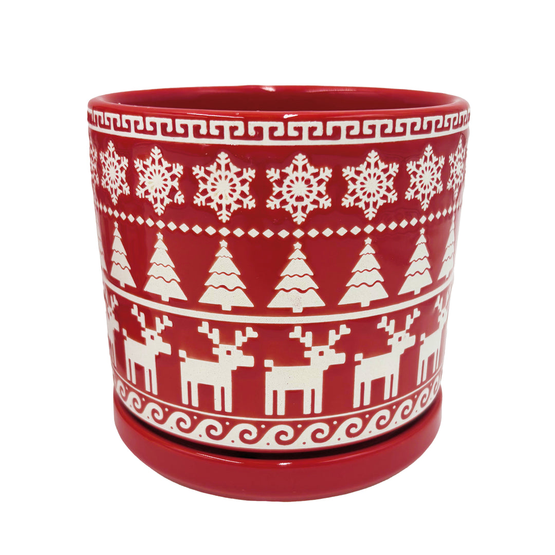 Red and White Holiday Pot with Attached Saucer and Seasonal Design