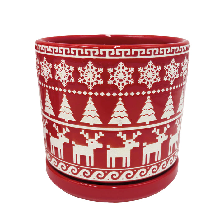 Red and White Holiday Pot with Attached Saucer and Seasonal Design