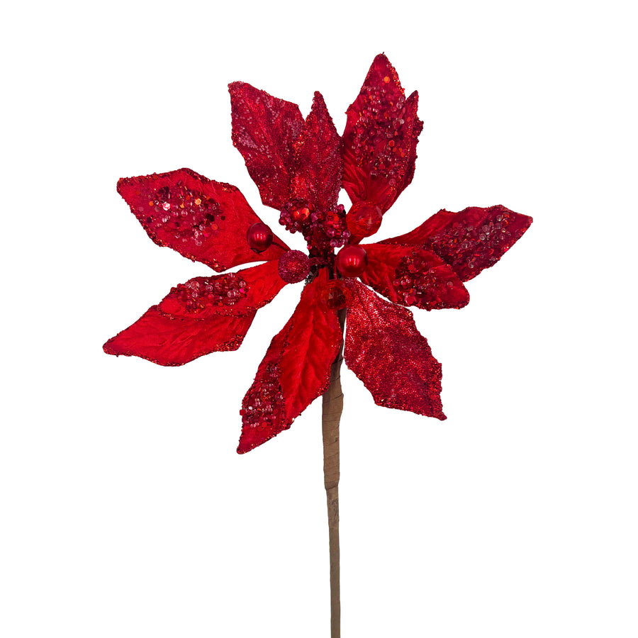 Glittered Velvet Red Poinsettia Stem