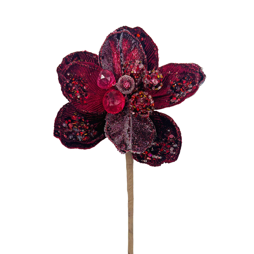 Glittered Velvet Burgundy Magnolia Stem