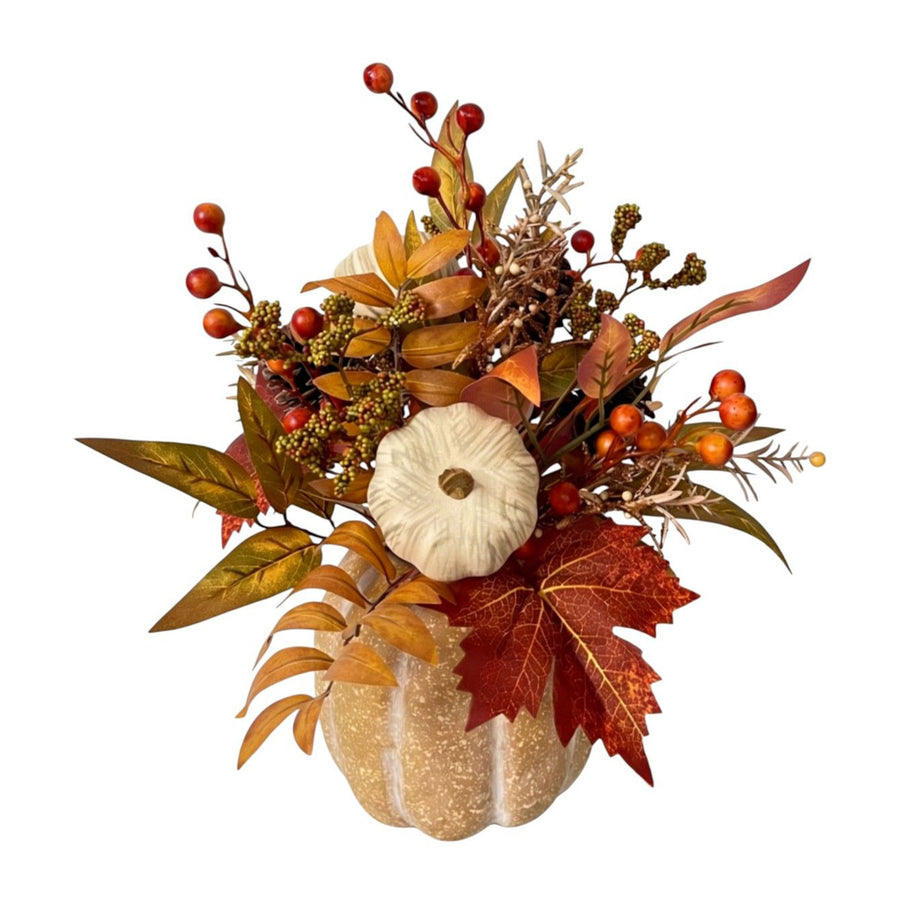 Pumpkin Centerpiece With Neutral Fall Florals