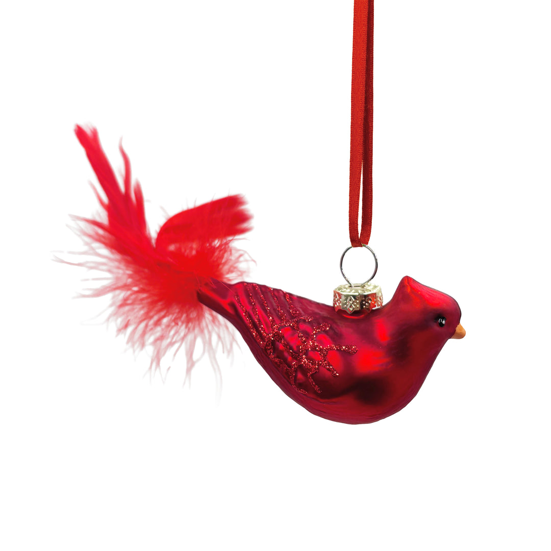 Shiny Glass Cardinal Ornament with Feathers