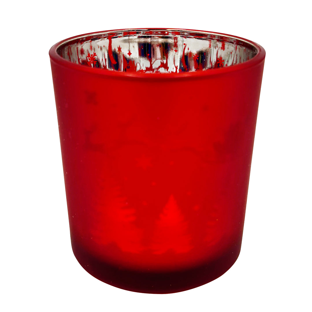 Red Glass Candle Holder with White Deer and Forest Scene