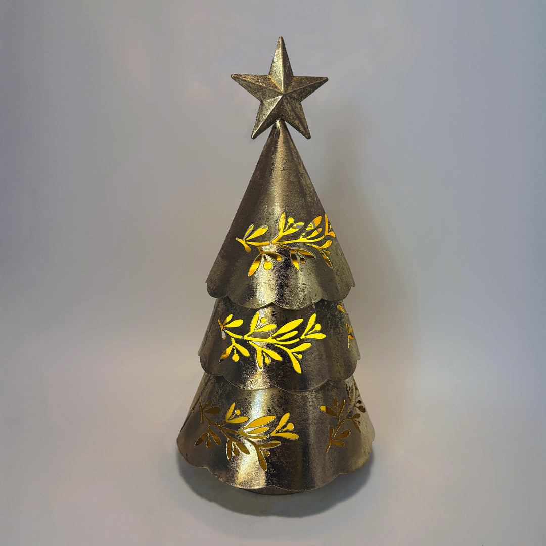 Lit Gold Metal Christmas Tree