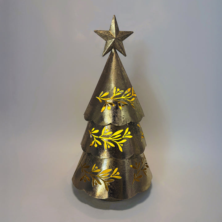 Lit Gold Metal Christmas Tree