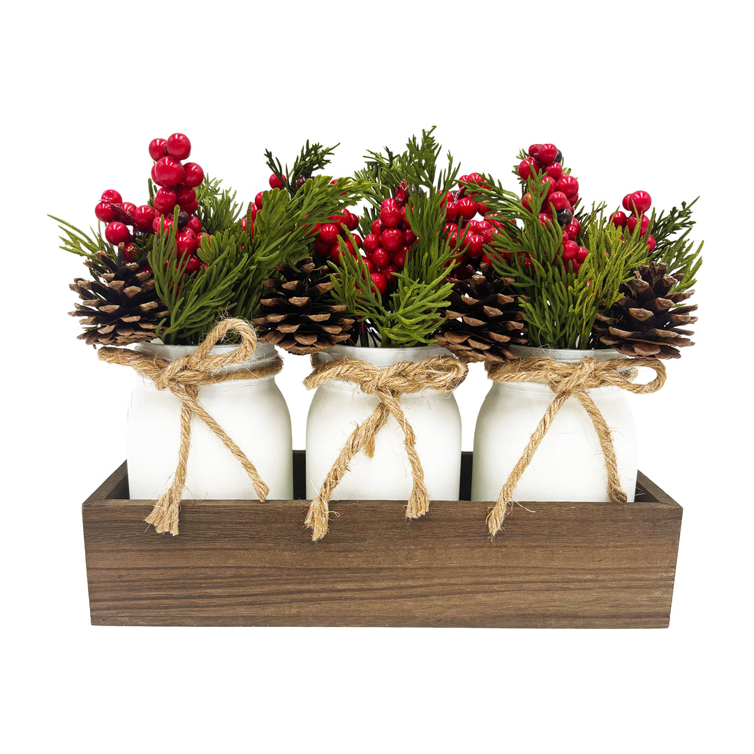 Pinecones, Pine Needles & Holly in White Jars