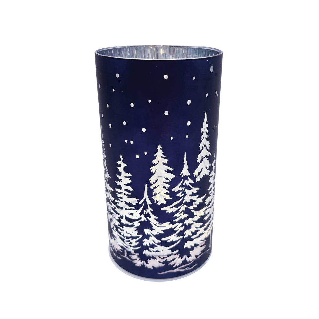 Blue and White Luminary with Snowy Forest Scene