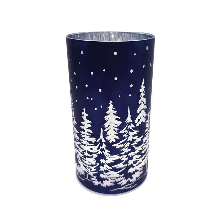 Blue and White Luminary with Snowy Forest Scene