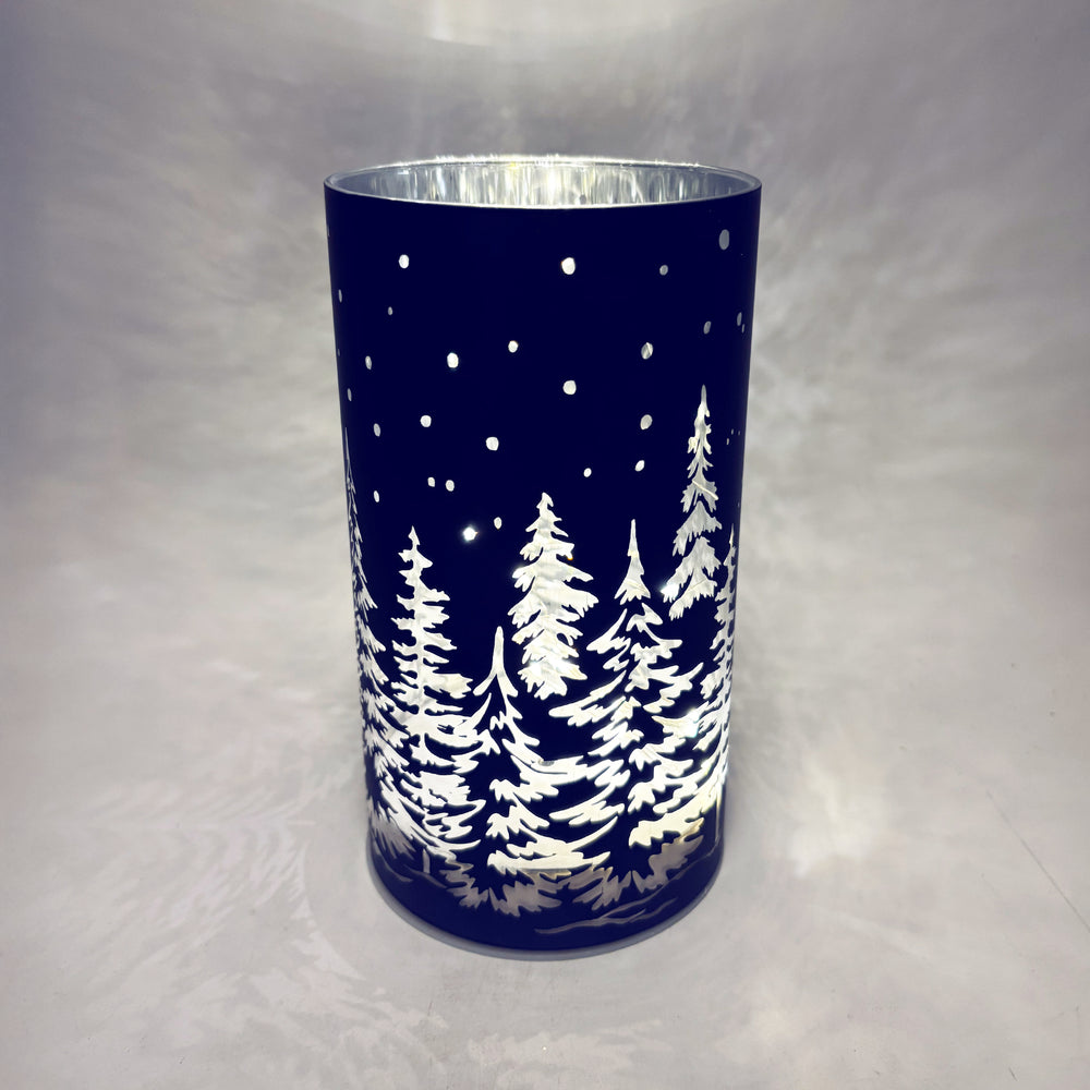 Blue and White Luminary with Snowy Forest Scene