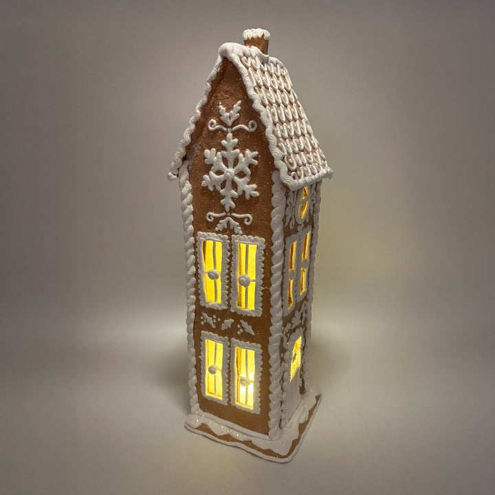 Lit White Gingerbread House